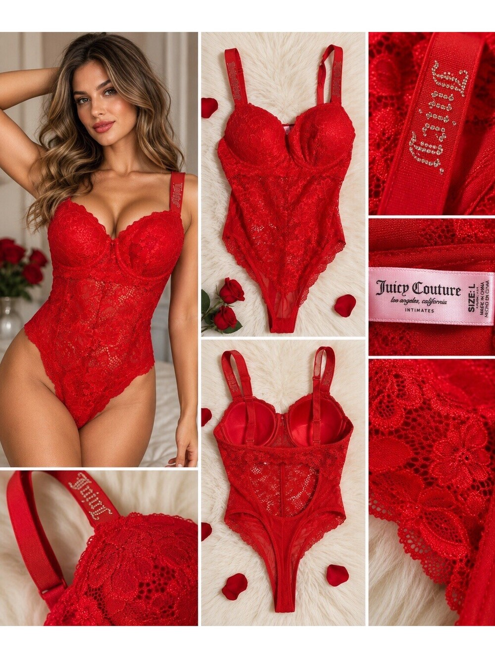 Juicy Couture Intimates Red Lace Bodysuit Teddy 36C Large Rhinestone Straps